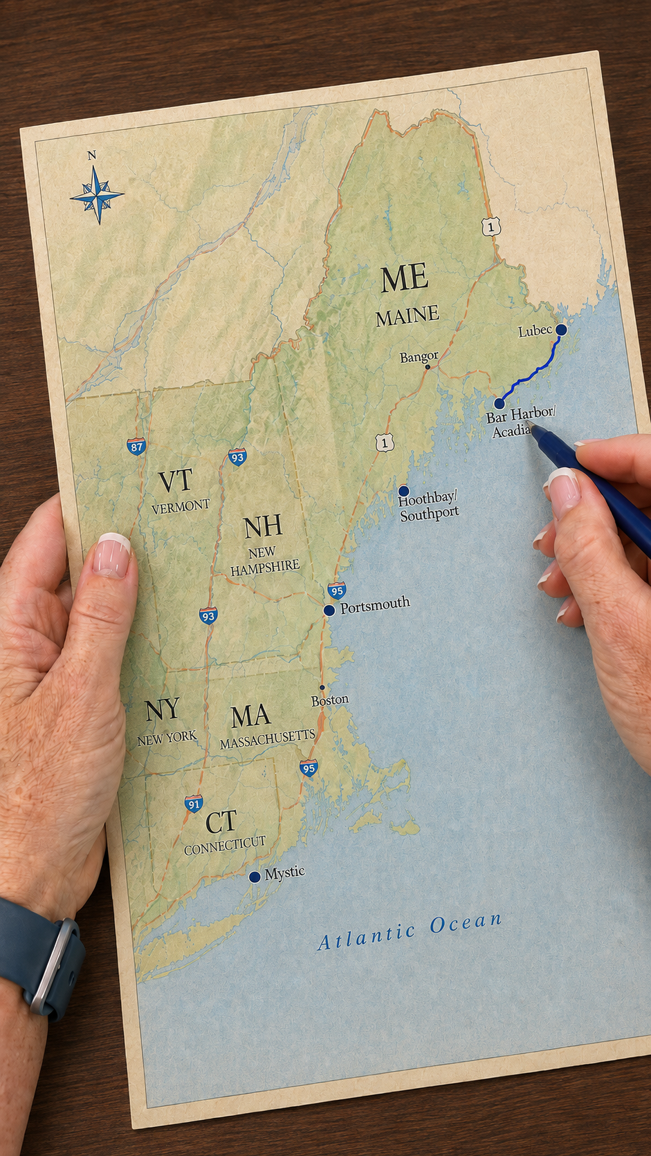 Route map showing the New England road trip from Newport, Rhode Island to Lubec, Maine