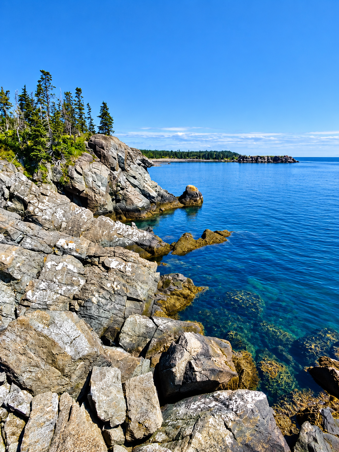 Rocky Liberty Point shoreline overlooking clear blue coastal water