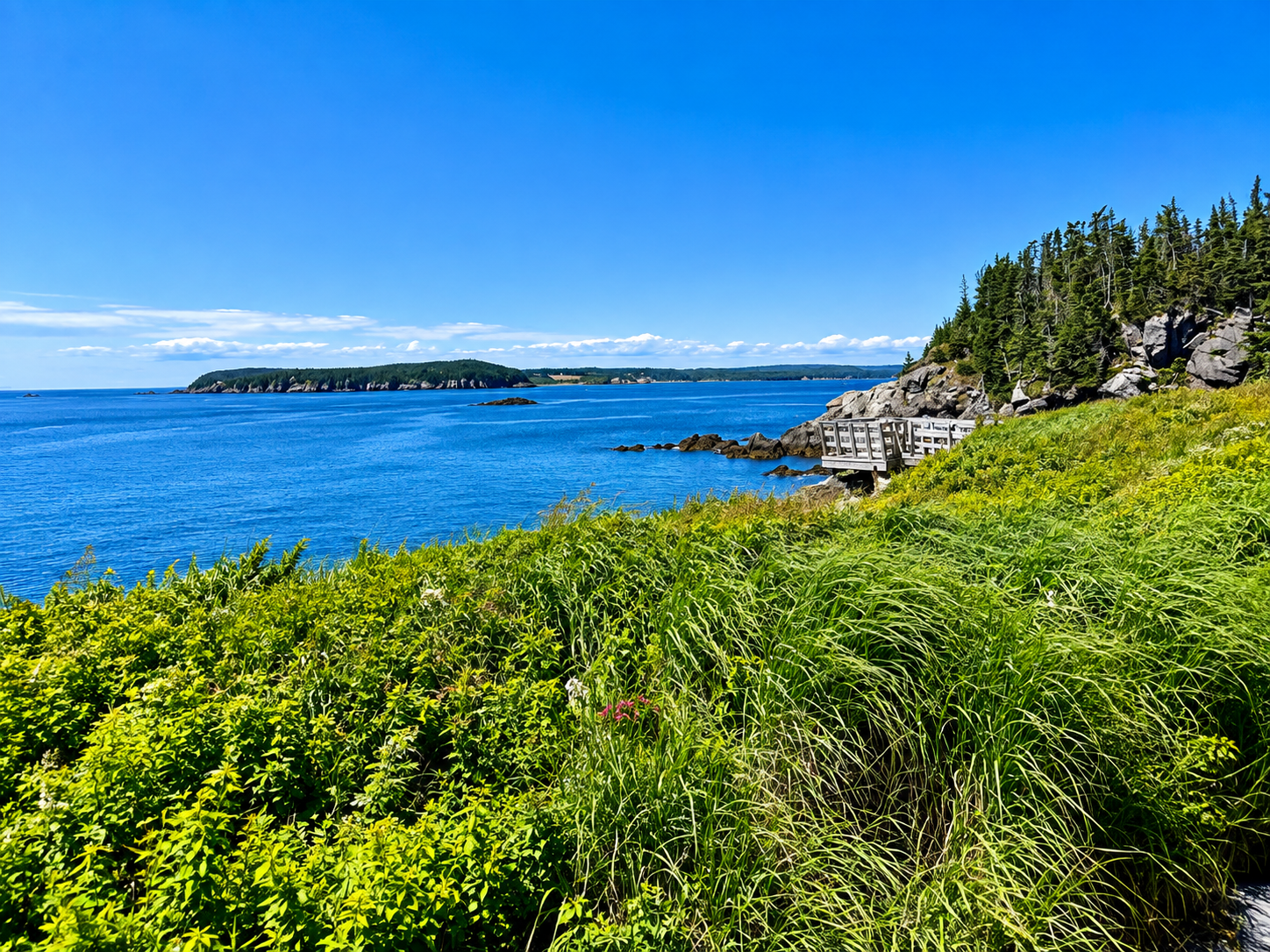 Coastal boardwalk above bright blue water and evergreen shoreline at Liberty Point