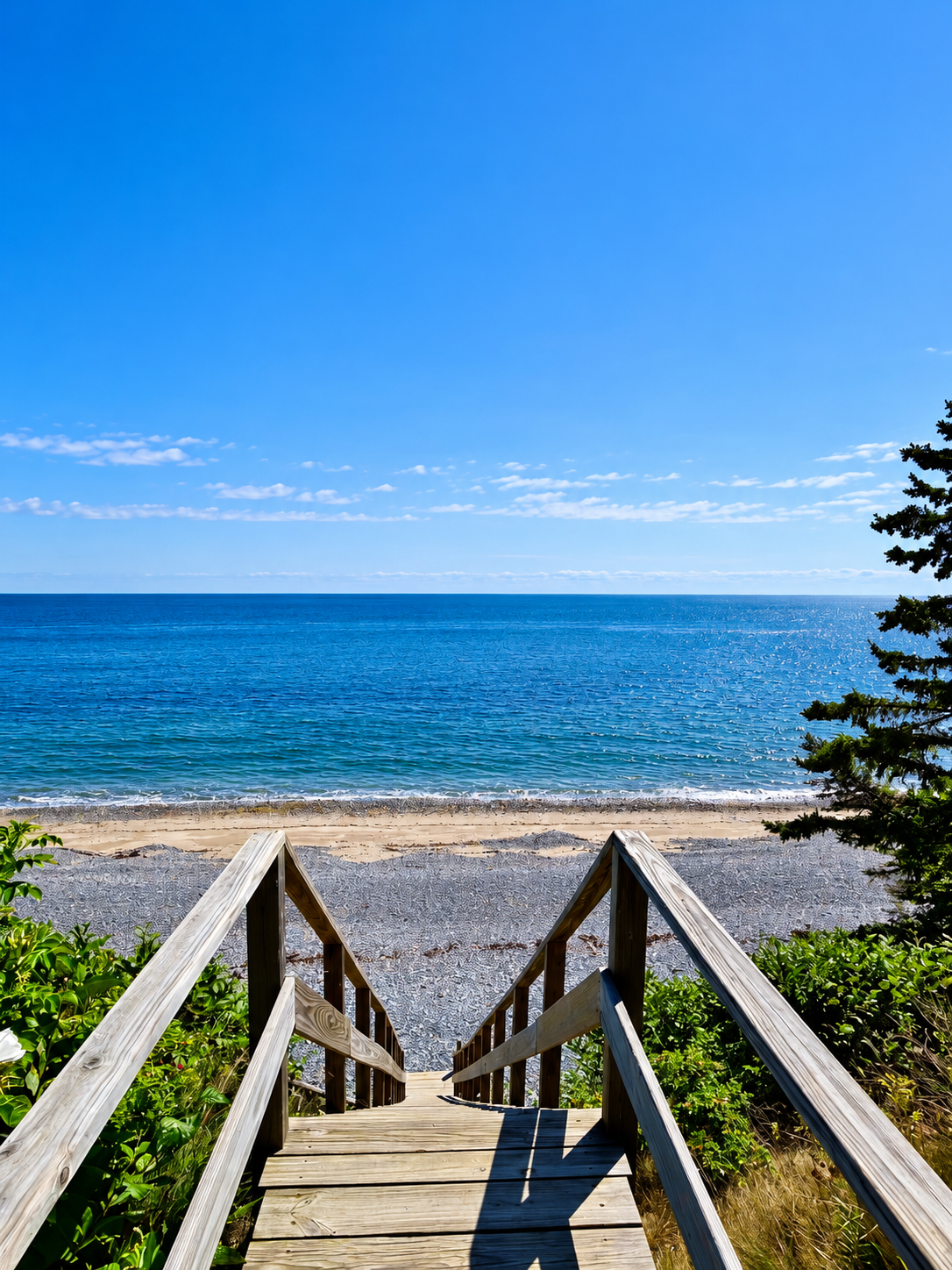 Wooden stairs leading down to Racoon Beach and the blue ocean