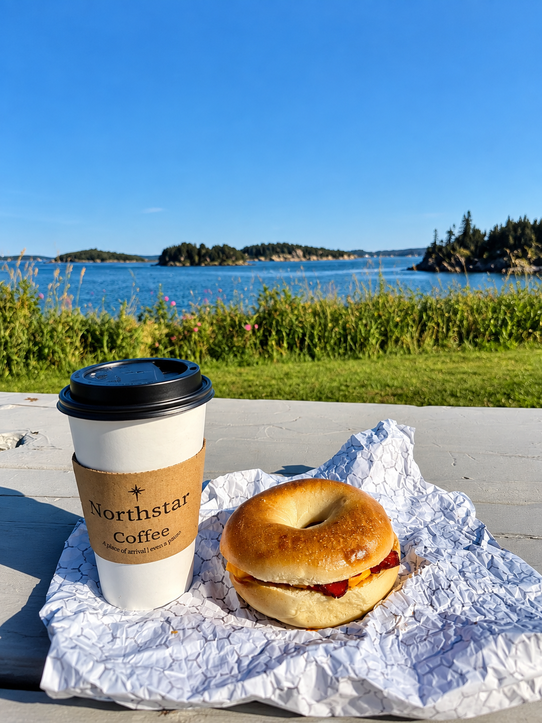 Northstar Coffee and a breakfast sandwich overlooking the water at Mulholland Point