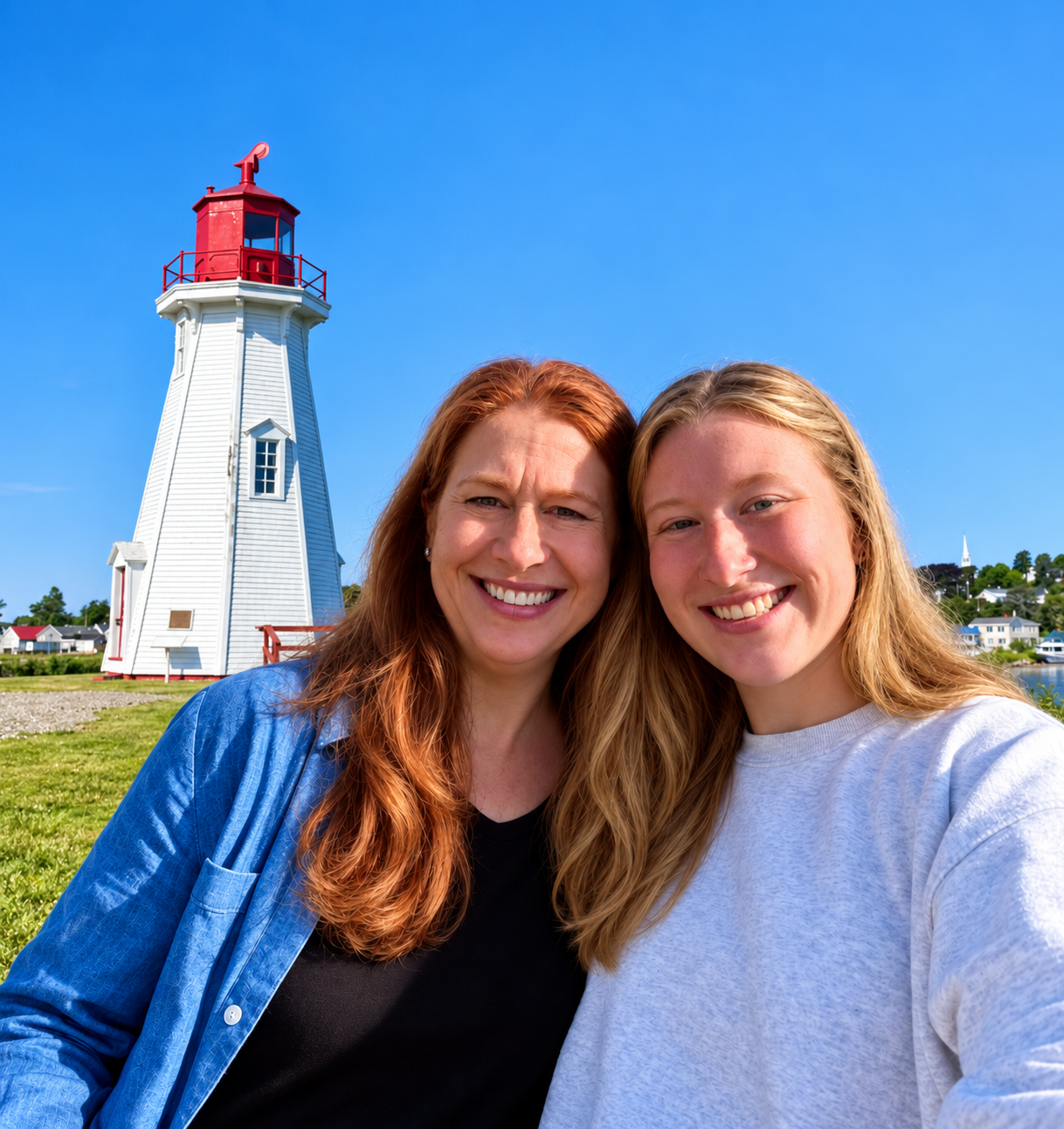 Two travelers smiling beside Mulholland Point Lighthouse on Campobello Island