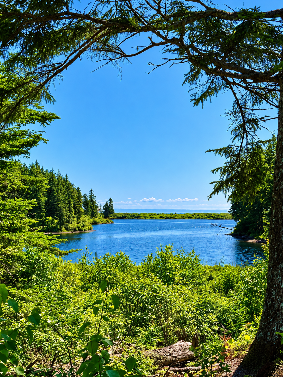 Lake Glensevern framed by evergreen trees on a bright summer day