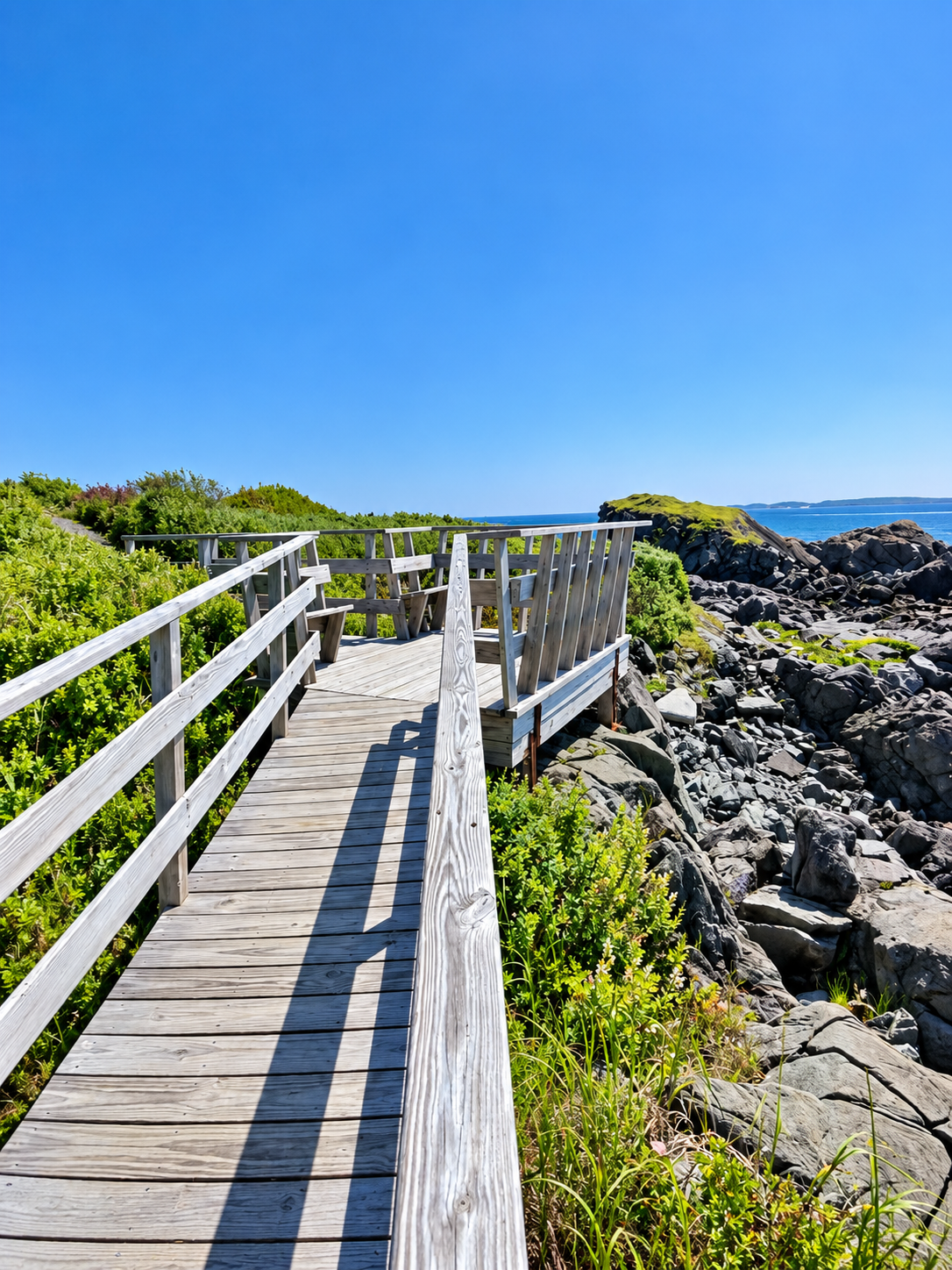 Wooden boardwalk winding along the rocky coast at Liberty Point, Campobello Island
