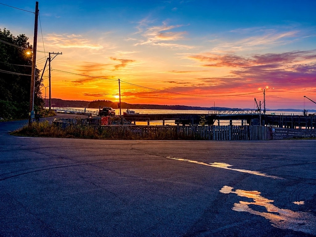 Sunset over a waterfront pier in Lubec, Maine