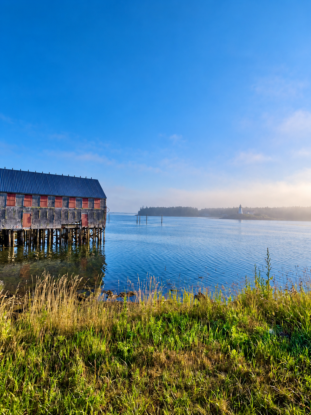 Morning fog settling over the Lubec waterfront and lighthouse