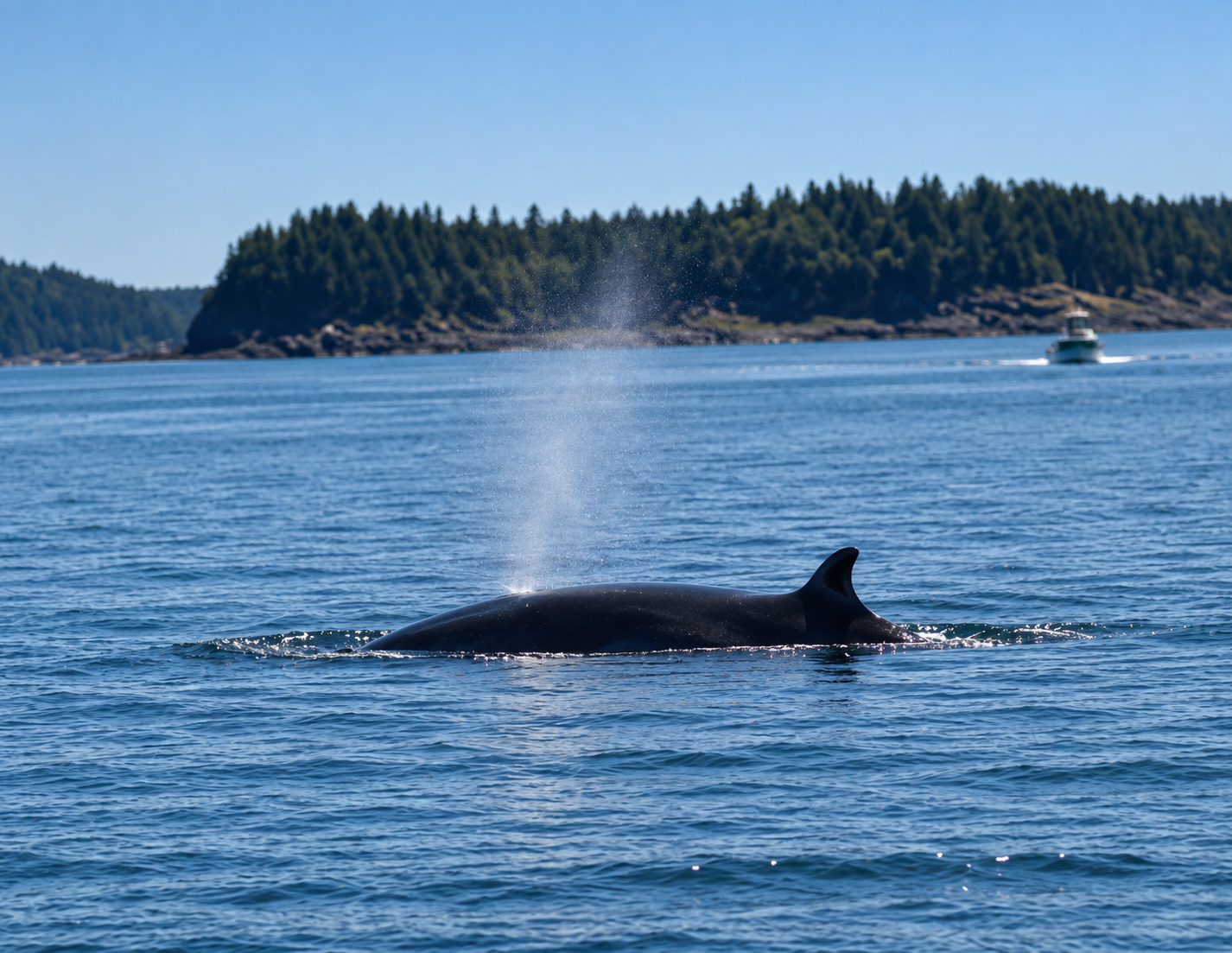 Whale spouting in blue coastal water with a boat nearby