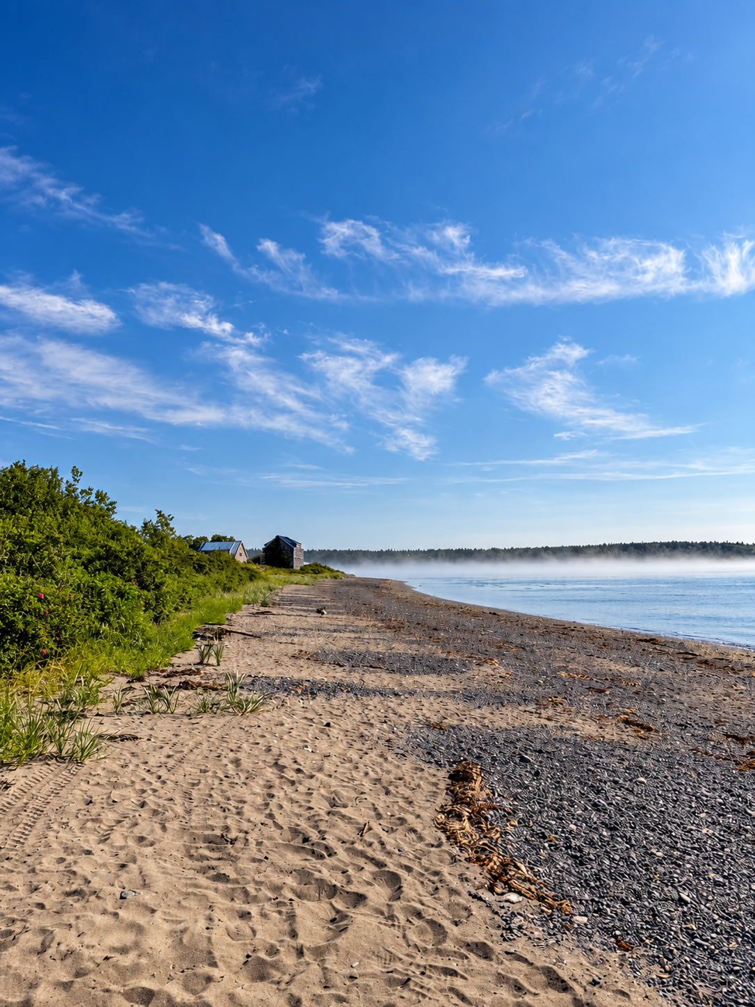 Sandy shoreline at Mowry Beach with calm water and morning mist