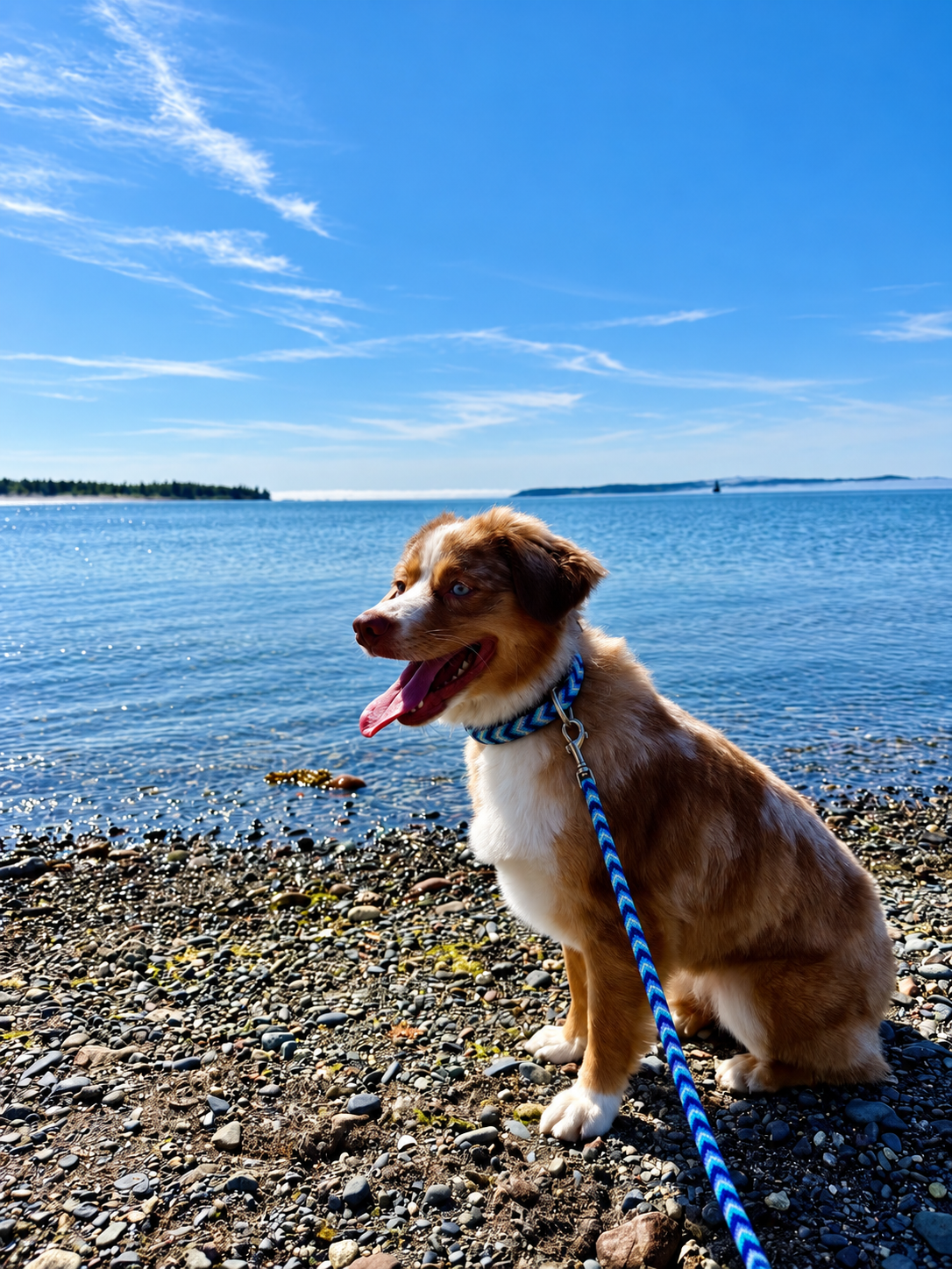 Chloe sitting on a rocky beach beside blue water