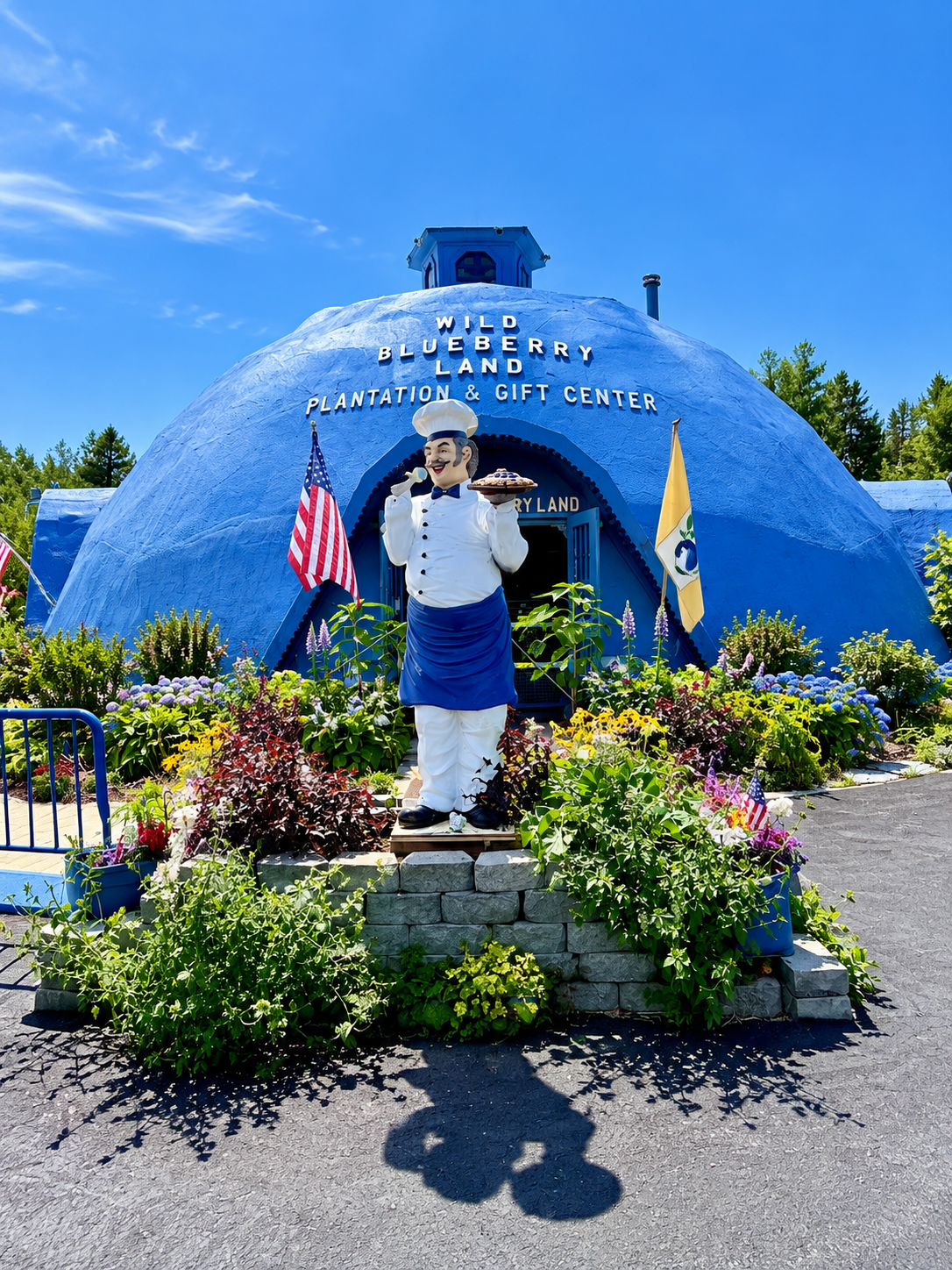 Wild Blueberry Land's blue blueberry-shaped building in Columbia Falls, Maine