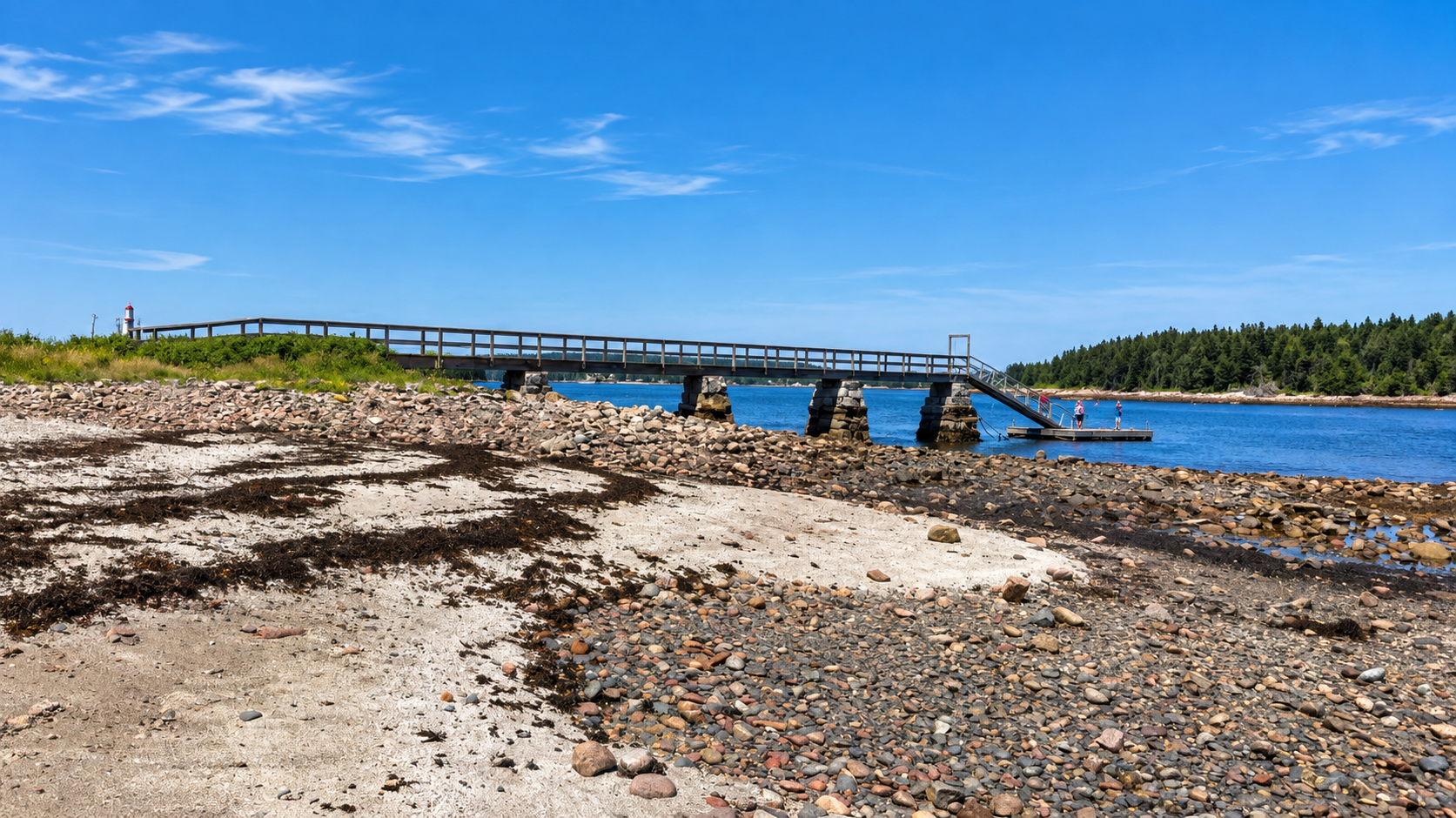 Frazer Point picnic area with a wooden footbridge on the Mount Desert Narrows