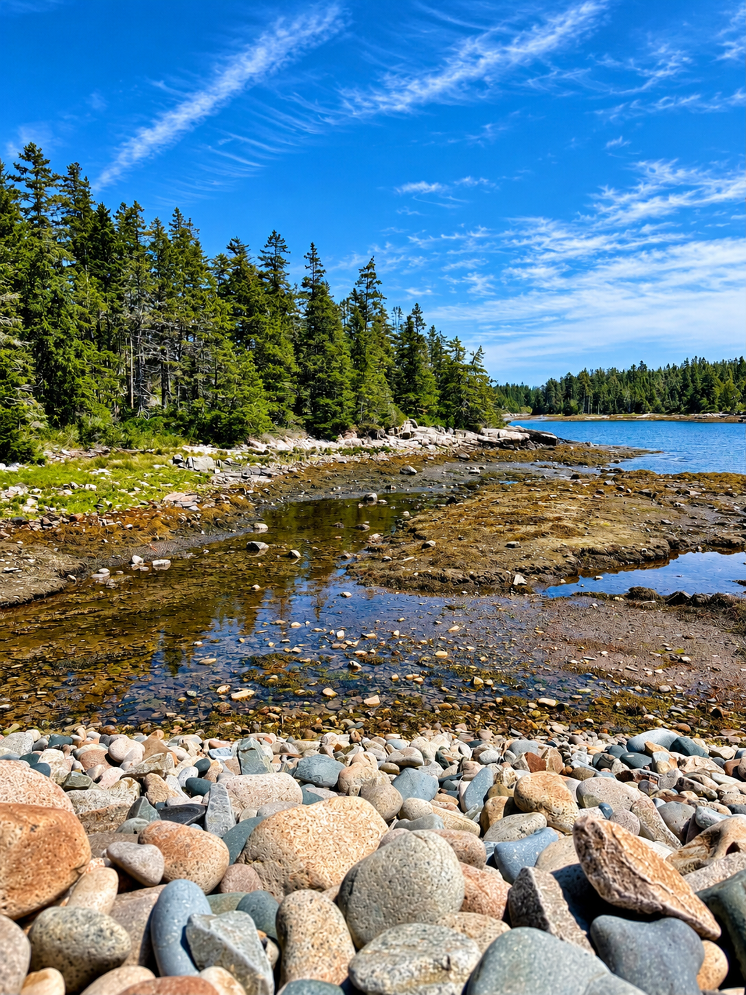 Tidal pools and rounded stones along the forested Schoodic coastline
