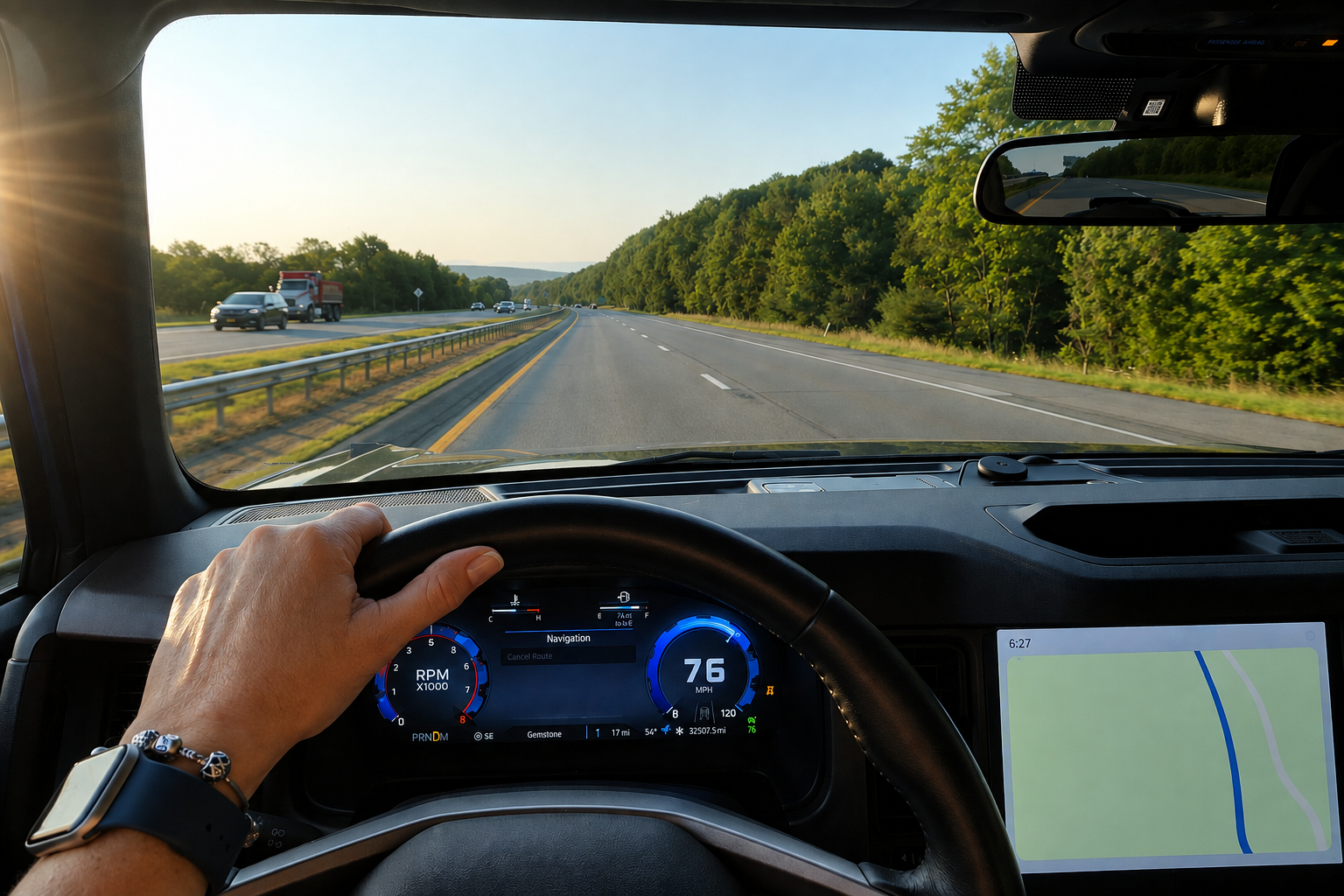 Road trip highway view from the driver's seat